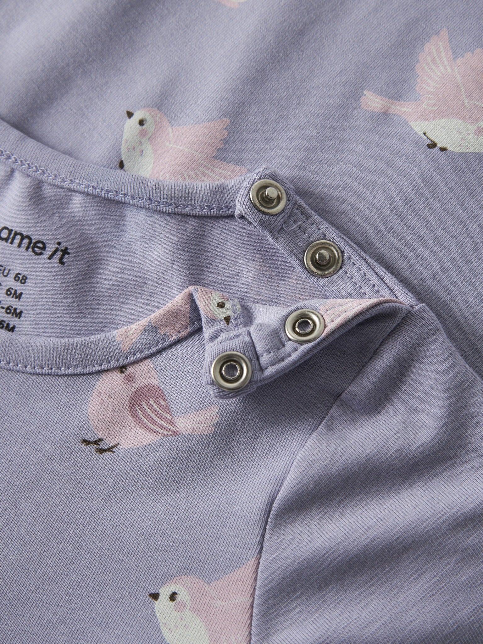 NAME IT Vandora Long Sleeve Dress in Heirloom Lilac Birds shoulder snap detail