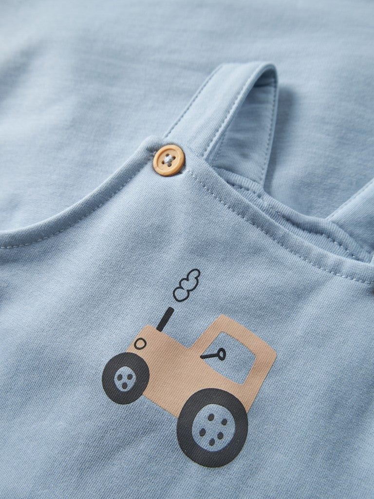 NAME IT Vonne Sweatshirt Overall in Ashley Blue button strap and print detail
