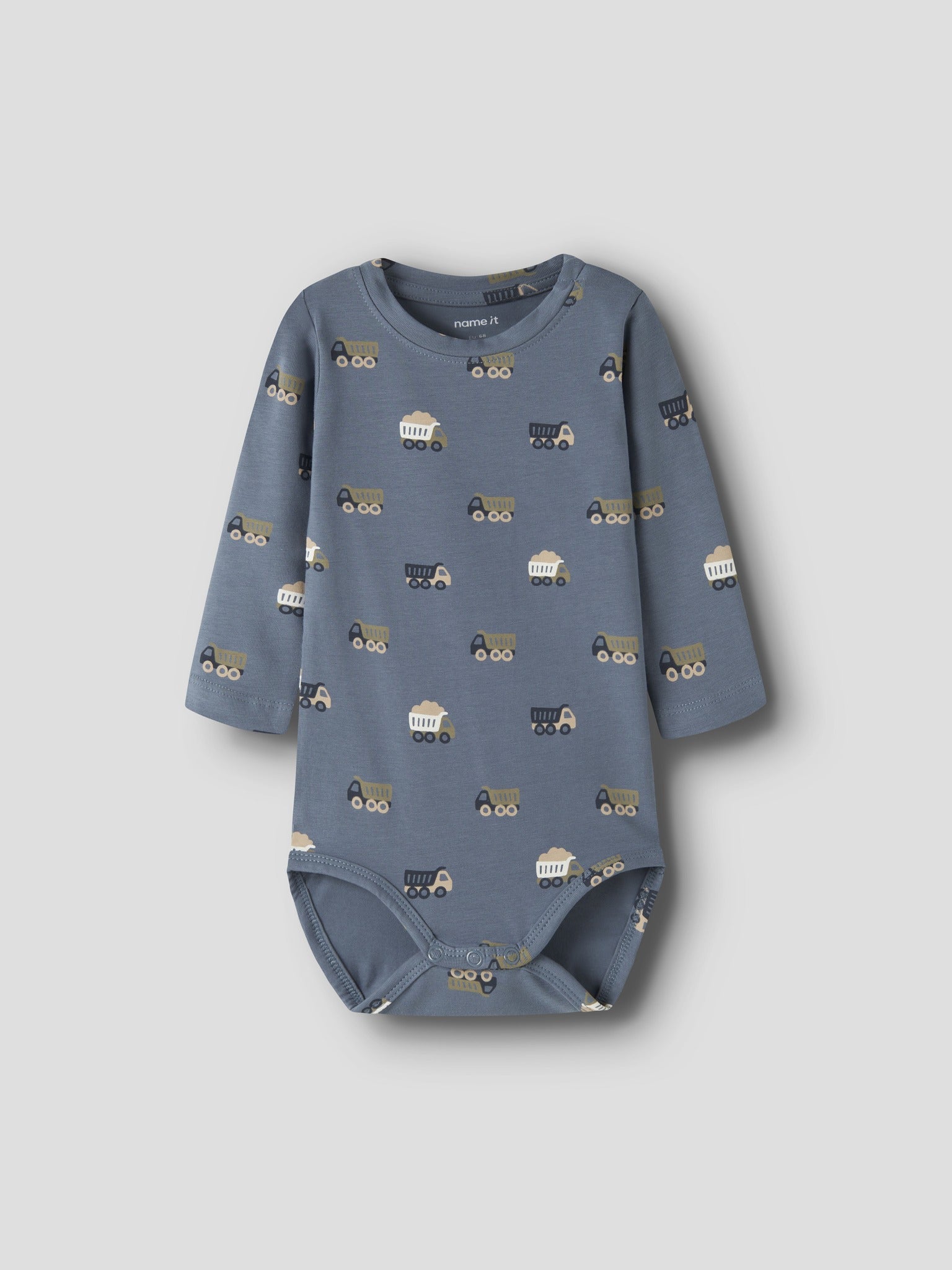 NAME IT Vroels Long Sleeve Bodysuit in Blue Mirage Trucks full front view