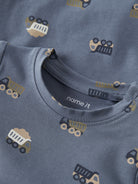 NAME IT Vroels Long Sleeve Bodysuit in Blue Mirage Trucks collar and print detail