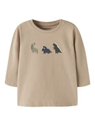 NAME IT Vacion Long Sleeve Top in Sesame Dinos front view