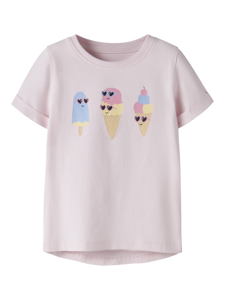 NAME IT Vix Short Sleeve Printed Top Bright White Flamingo Love model front view