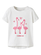 NAME IT Vix Short Sleeve Printed Top Bright White Flamingo Love front view