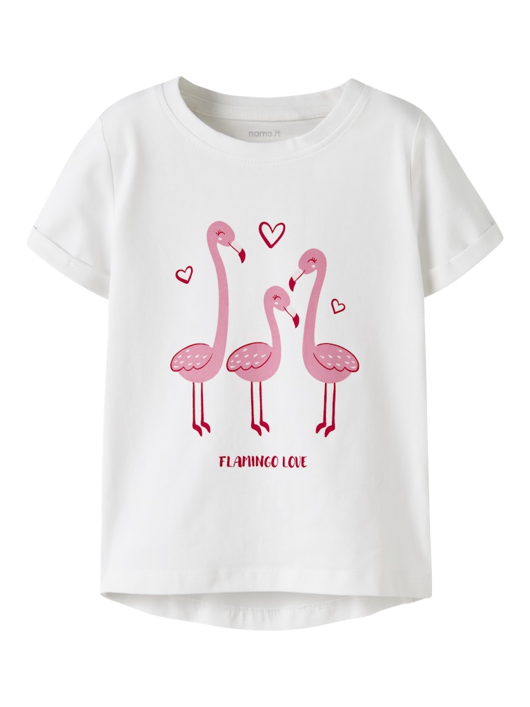 NAME IT Vix Short Sleeve Printed Top Bright White Flamingo Love front view