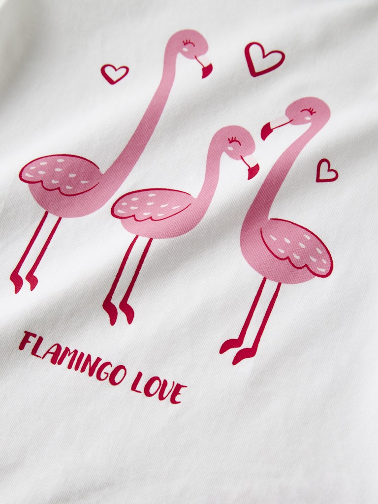 NAME IT Vix Short Sleeve Printed Top Bright White Flamingo Love flat front view