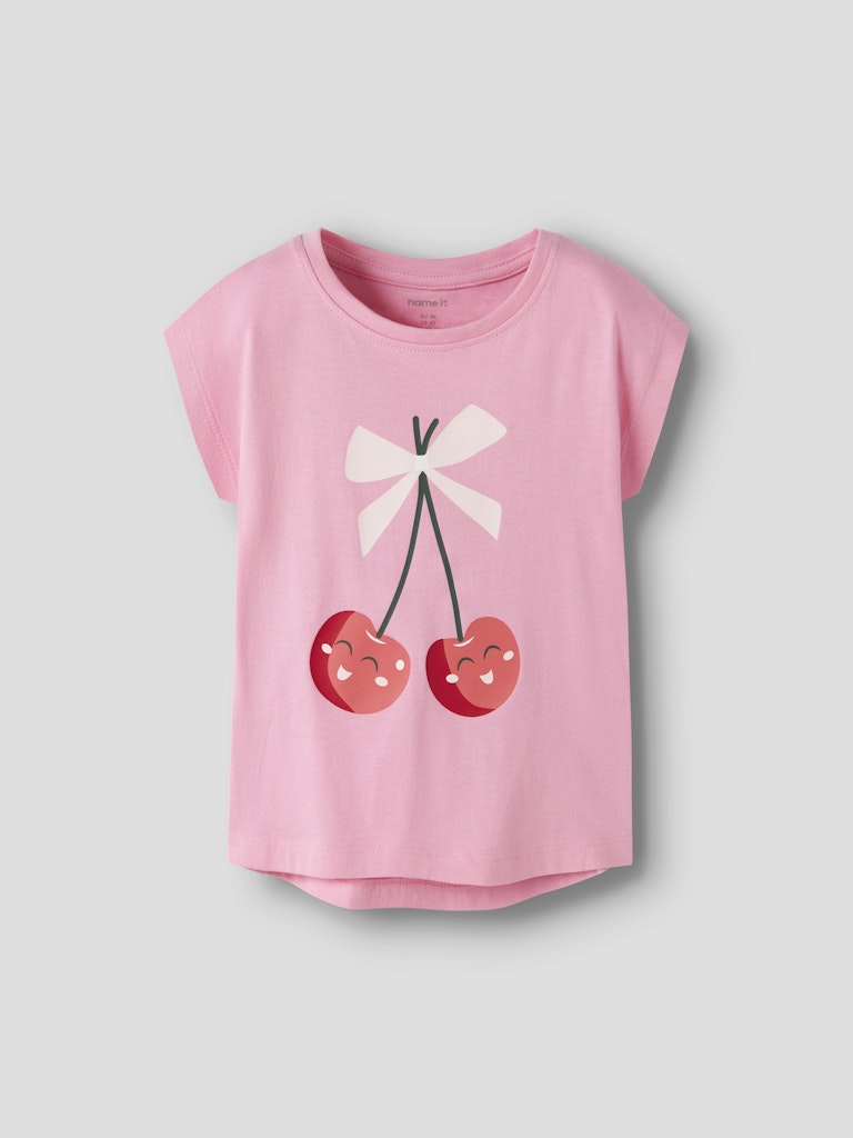 NAME IT Vigea Capsl Top in Pink Drink Happy Cherries angled view