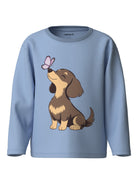 NAME IT Veen Long Sleeve Top in Chambray Blue Butterfly Dog front view