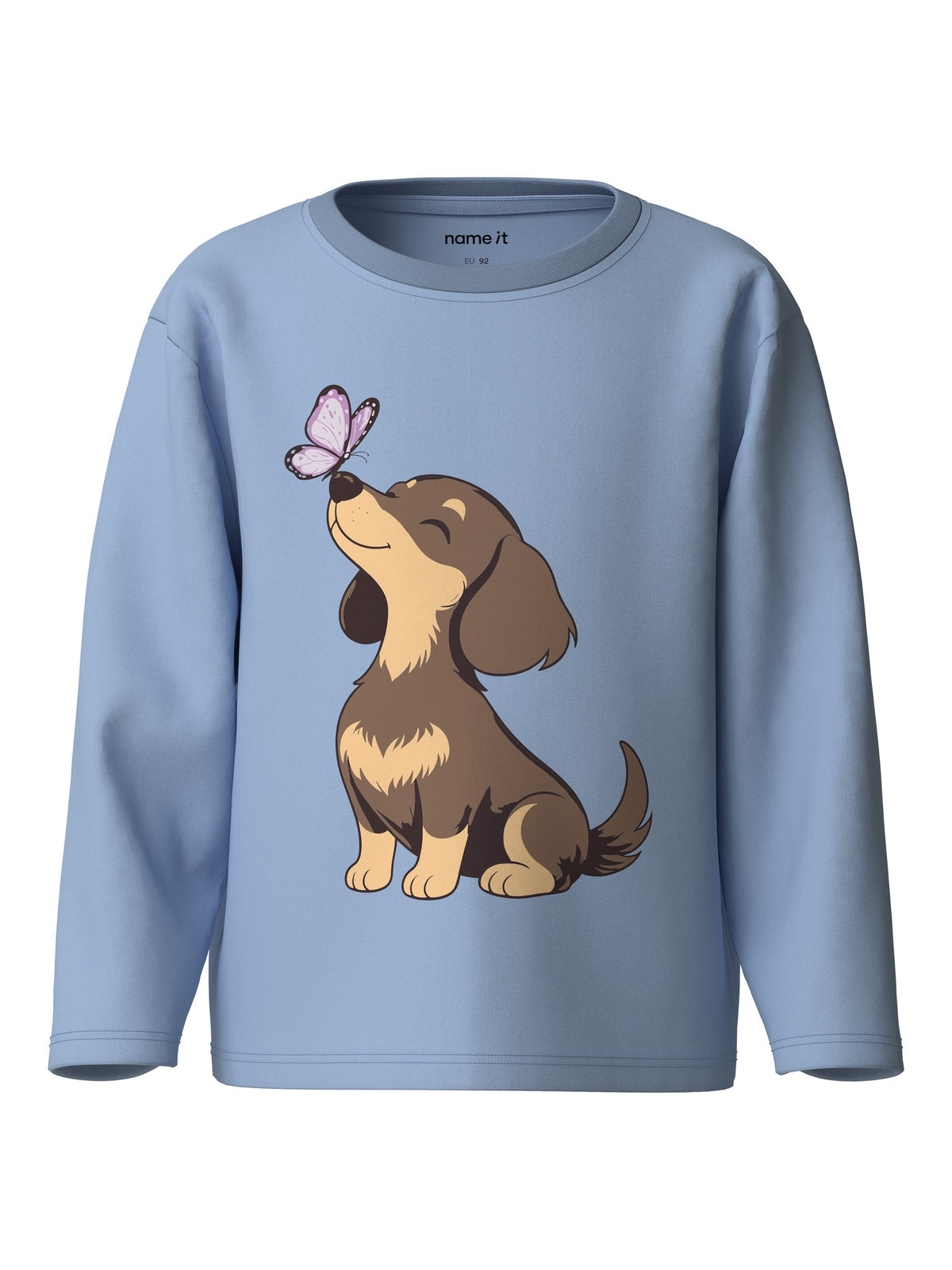 NAME IT Veen Long Sleeve Top in Chambray Blue Butterfly Dog front view