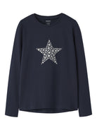 NAME IT Viparty Long Sleeve Top in Navy Blazer Stars angled view