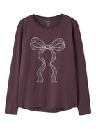 NAME IT Viparty Long Sleeve Top in Catawba Grape Cute Bow angled view