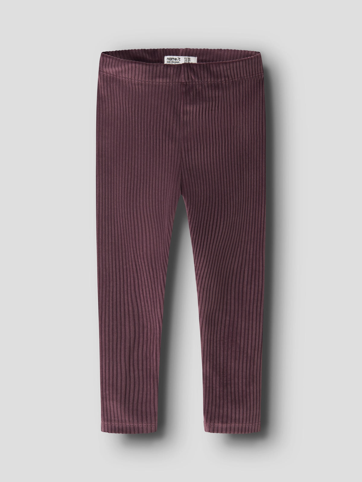 NAME IT Veloa Girls’ Ribbed Velour Leggings in Catawba Grape, front view on a grey background