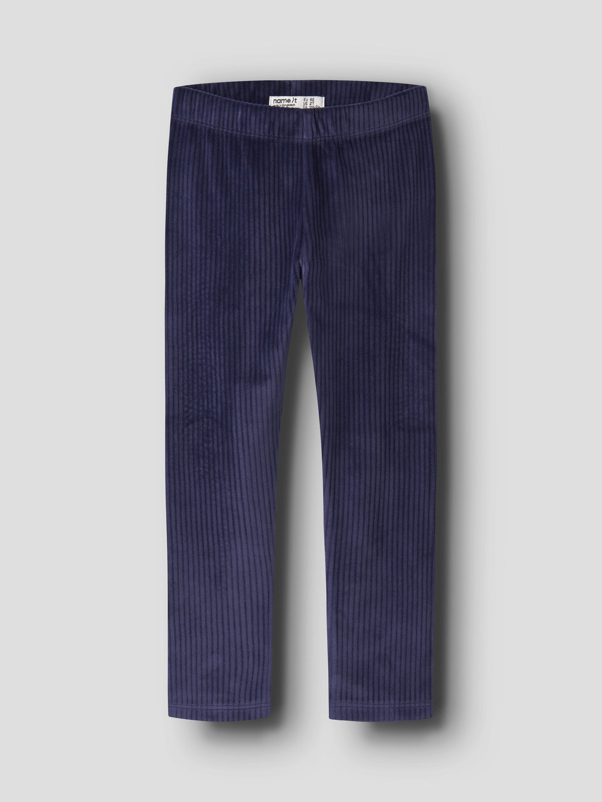 NAME IT Veloa Girls’ Ribbed Velour Leggings in Evening Blue, front view on a grey background