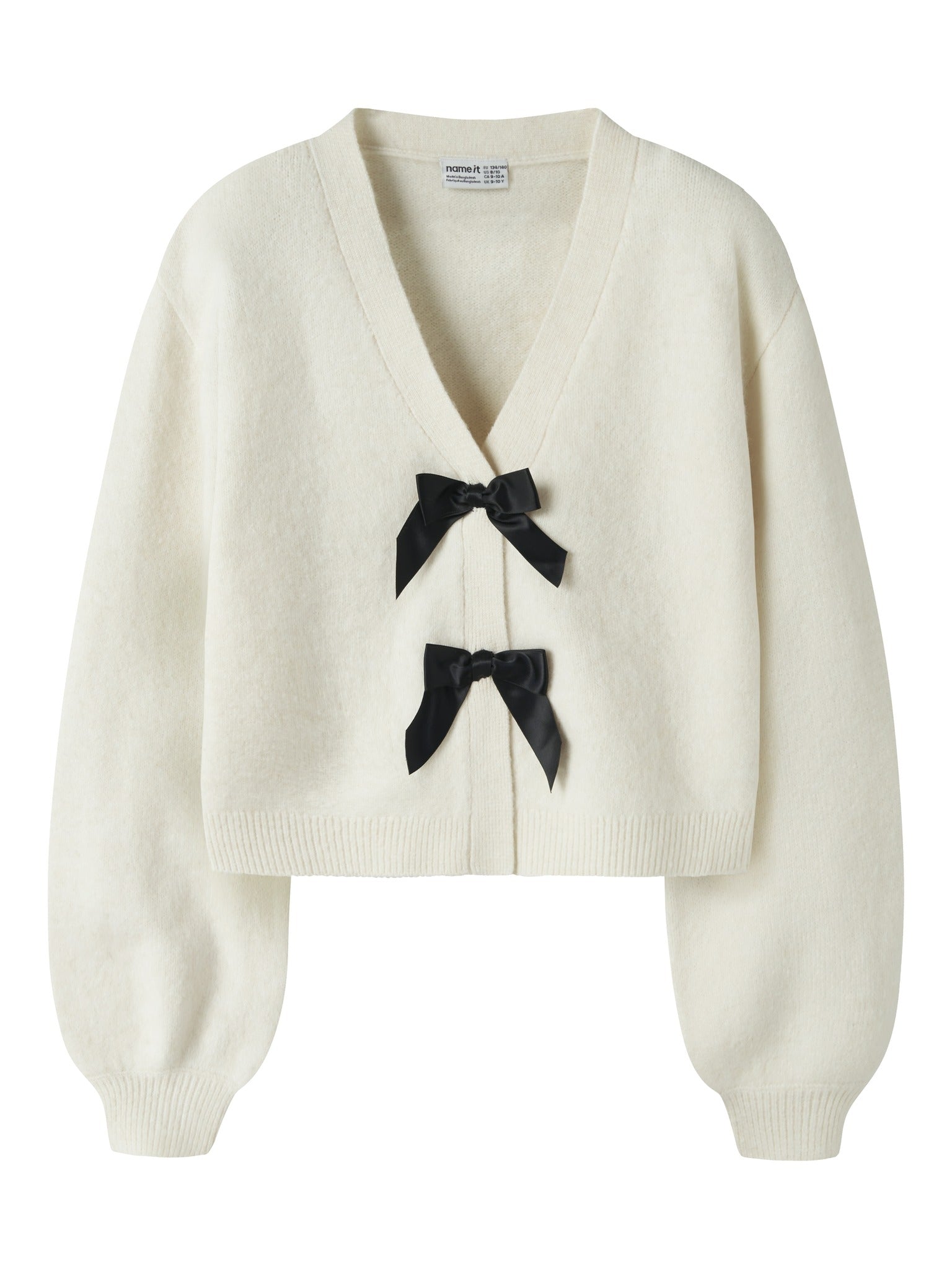 NAME IT Rina Long Sleeve Knit Cardigan in Antique White Black Bow front view