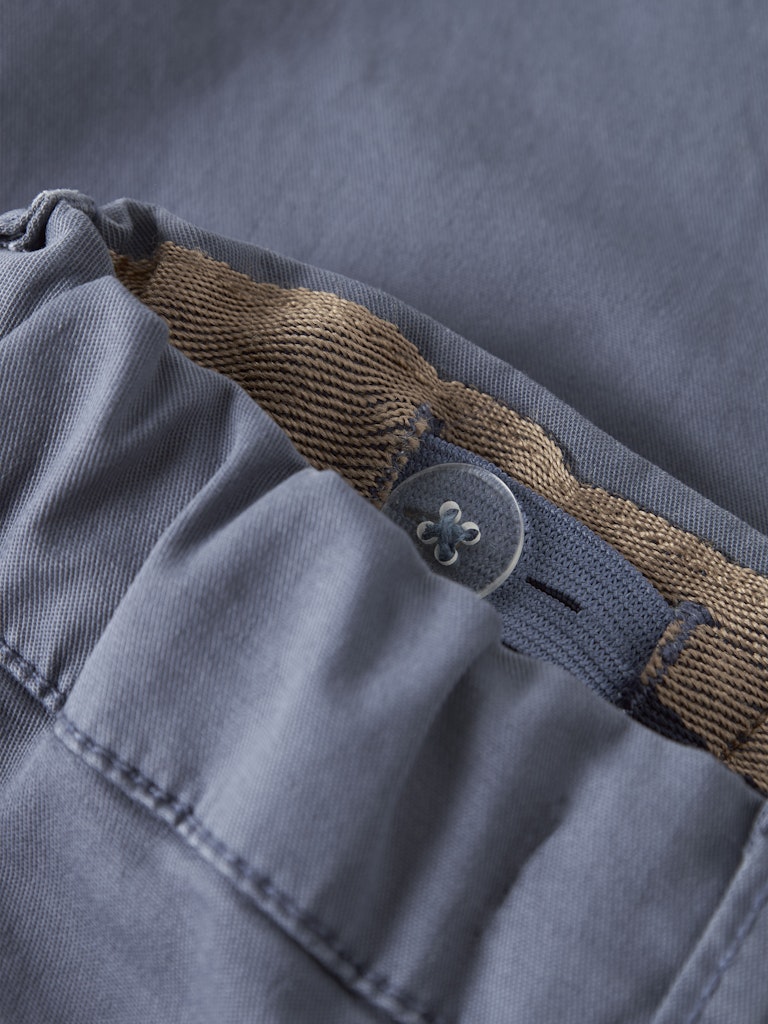 NAME IT Ben Tapered Twill Cargo Pants in Vintage Indigo waistband button detail