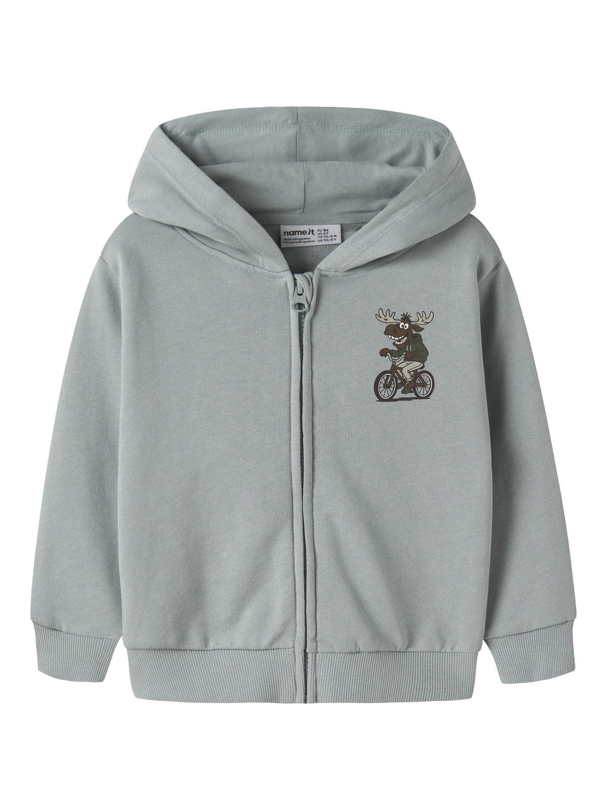 Front view of NAME IT Voltinus zip-up hoodie in Abyss Moose Bike with a moose riding a bicycle print