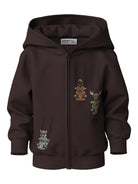 Front view of NAME IT Voltinus zip-up hoodie in Chocolate Plum Racing with printed characters