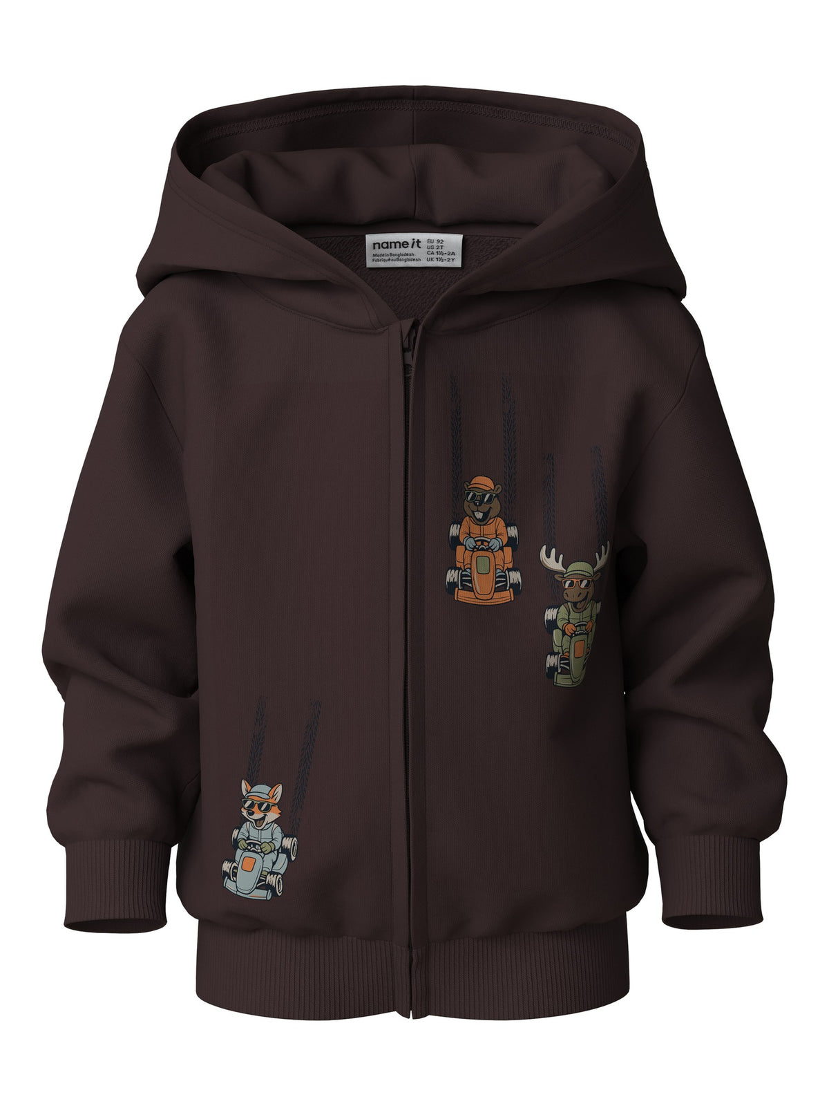 Front view of NAME IT Voltinus zip-up hoodie in Chocolate Plum Racing with printed characters