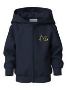 Front view of NAME IT Voltinus boys' zip-up hoodie in Navy Blazer Moose Excavator