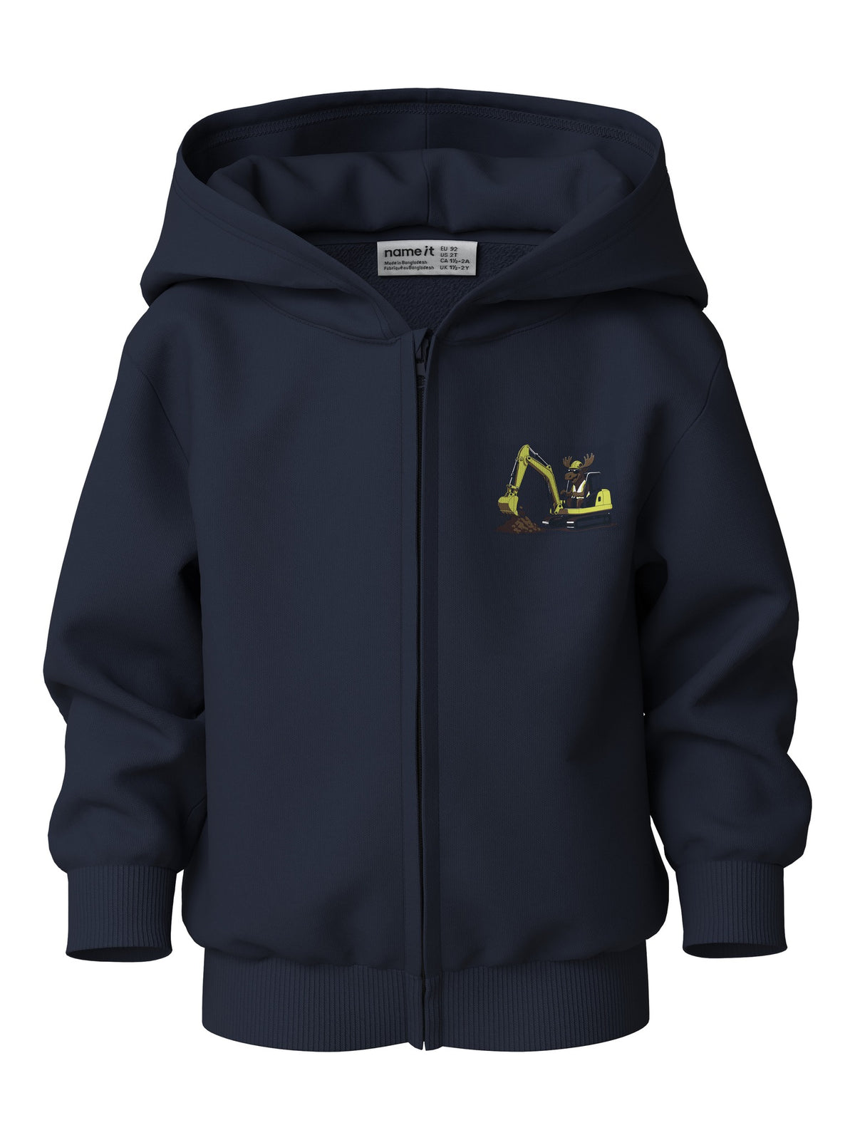 Front view of NAME IT Voltinus boys' zip-up hoodie in Navy Blazer Moose Excavator