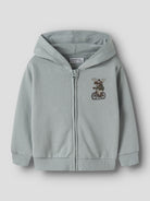 Front view of NAME IT Voltinus zip-up hoodie in Abyss Moose Bike against a grey background