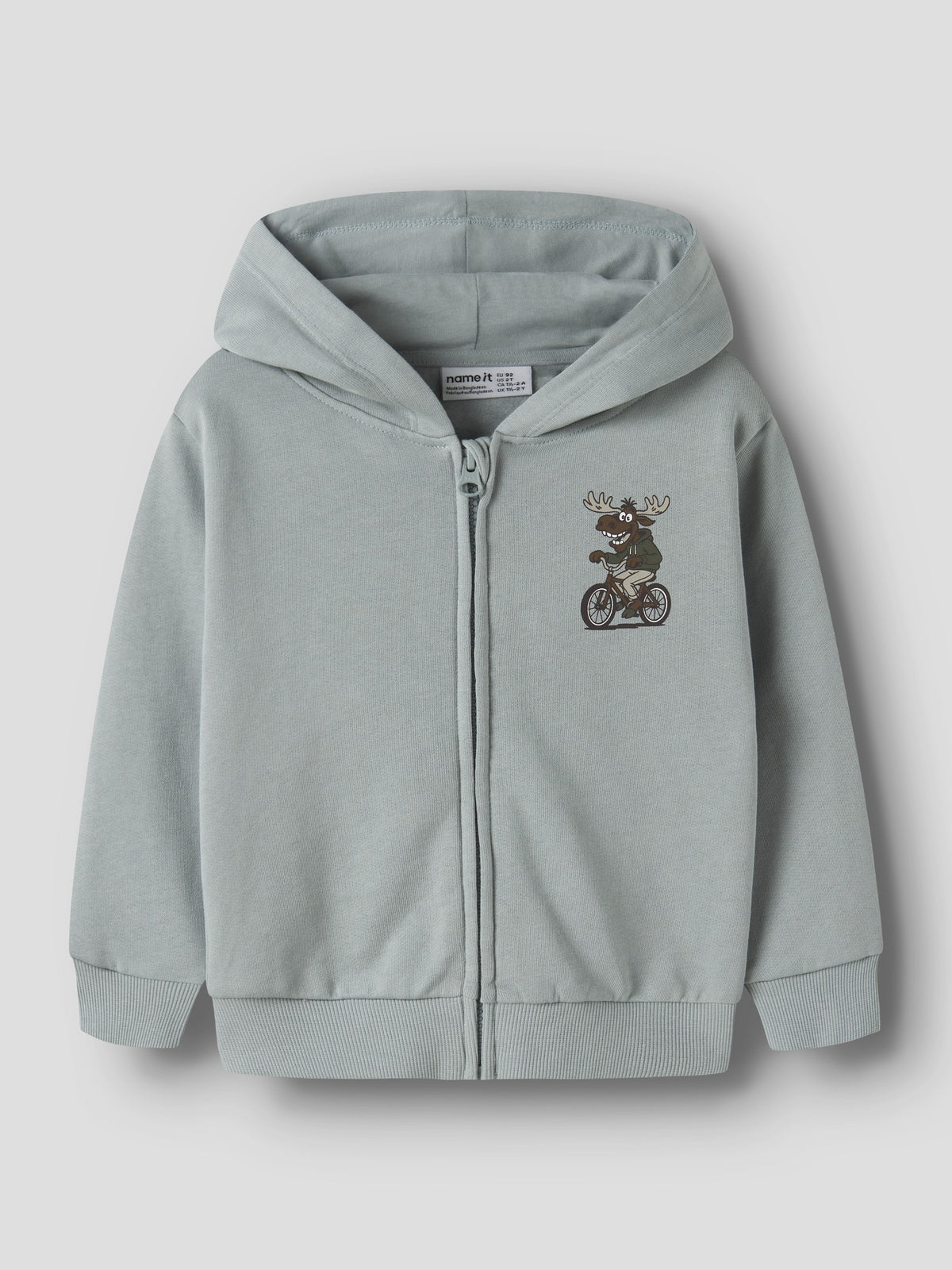 Front view of NAME IT Voltinus zip-up hoodie in Abyss Moose Bike against a grey background