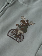 Close-up of the moose bicycle print and front zip on NAME IT Voltinus hoodie in Abyss Moose Bike