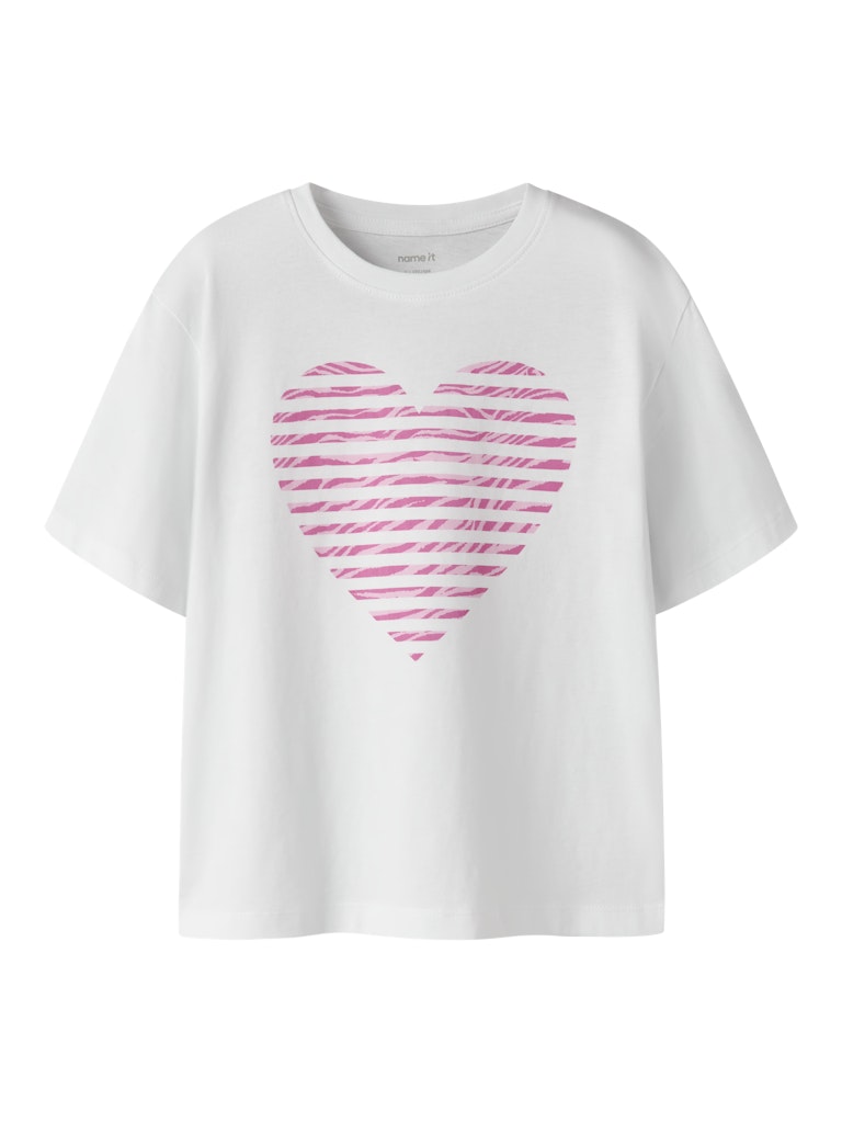 Front view of the Name It Fahiraz Bright White Print Top in Bright White/Pink
