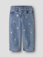 NAME IT Bella Barrel Glitter Jeans in Medium Blue Denim angled view
