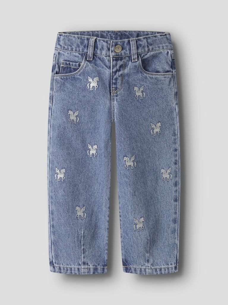 NAME IT Bella Barrel Glitter Jeans in Medium Blue Denim angled view