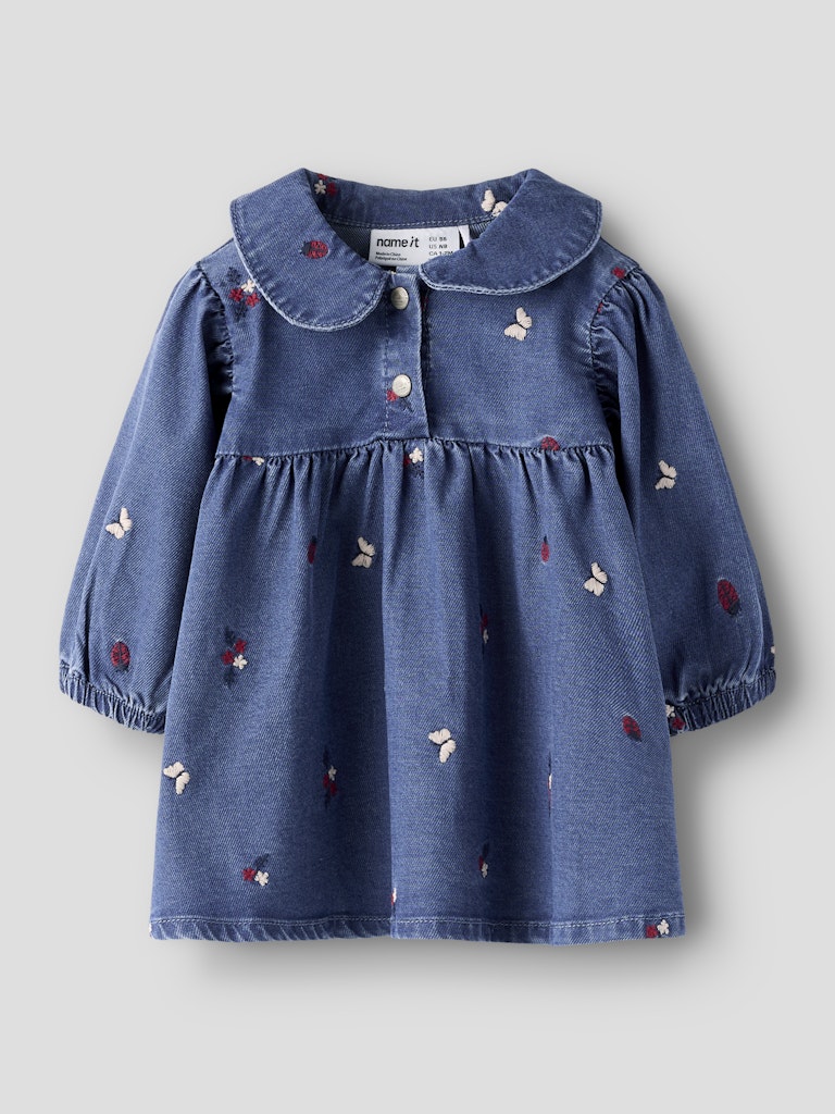 NAME IT Alva Denim Embroidered Dress 5321 -  Medium Blue Denim front view -Flat View