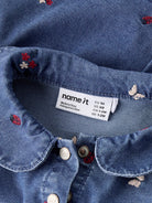 NAME IT Alva Denim Embroidered Dress 5321 - yb in Medium Blue Denim collar detail view