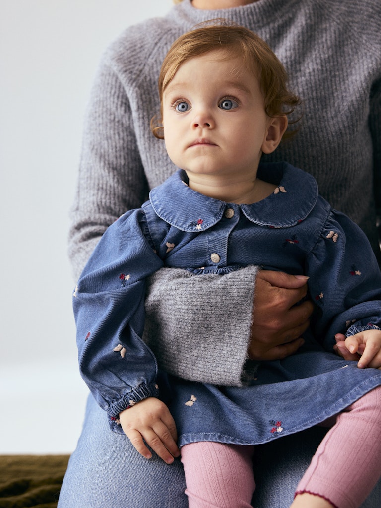 NAME IT Alva Denim Embroidered Dress 5321 -  Medium Blue Denim embroidered collar detail