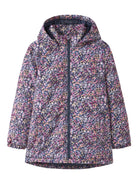 NAME IT girls' Maxi floral padded jacket in Naval Academy front product view