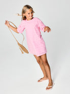 NAME IT Hiba Short Sleeve Pink Dress Pink Drink model front view