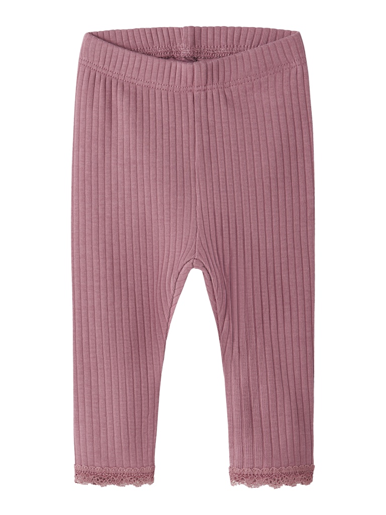 NAME IT Hallie leggings in mesa rose ribbed fabric front view with lace hem detail