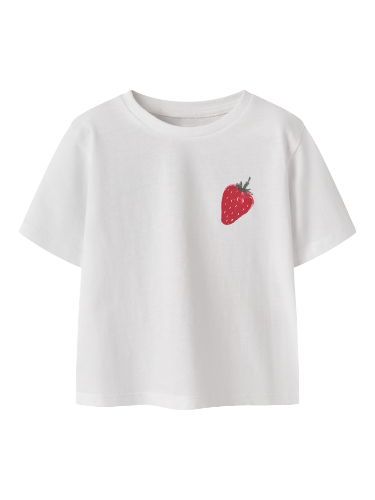 NAME IT Jaysline bright white t-shirt front view with strawberry print detail