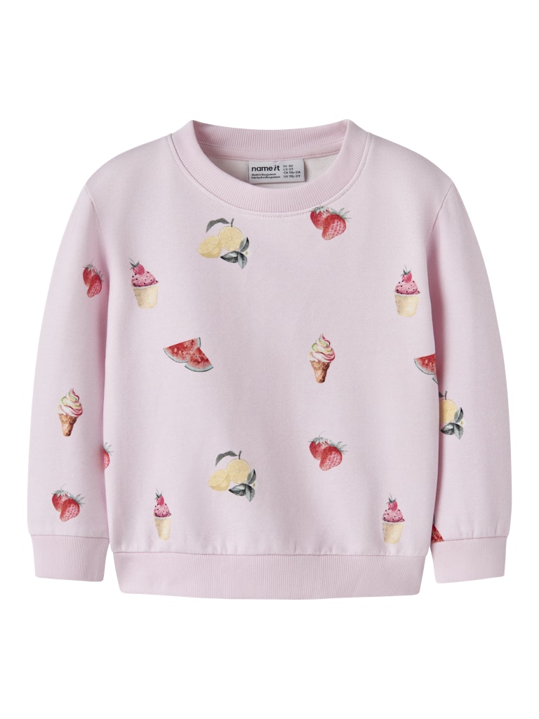 NAME IT Jovina cradle pink sweatshirt front view with fruit print