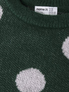 NAME IT Olisa Long Sleeve Knit BF in Pine Grove polka dot knit and label
