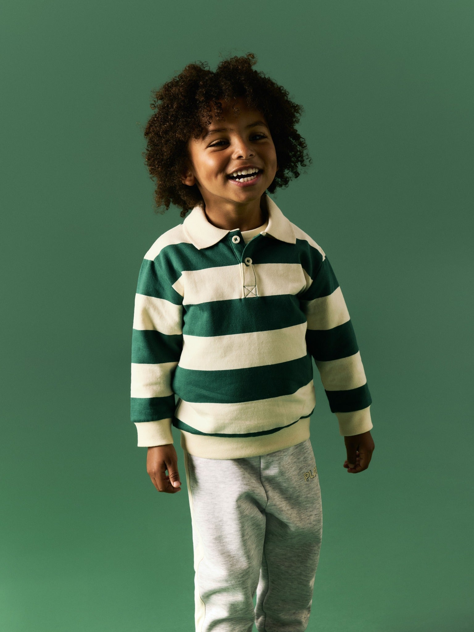 NAME IT Lev Long Sleeve Sweatshirt in Evergreen striped rugby collar detail
