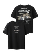 Front and back views of the black NAME IT Alp Formula E racing T-shirt