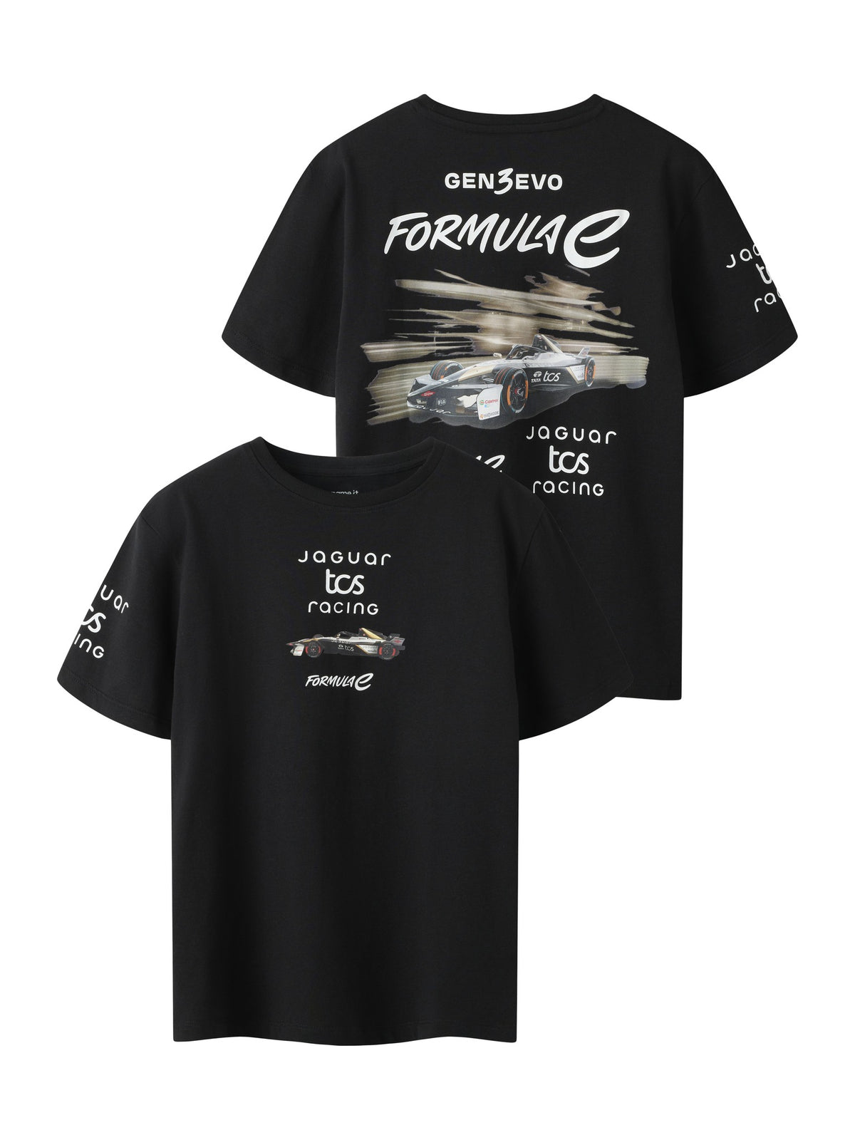 Front and back views of the black NAME IT Alp Formula E racing T-shirt