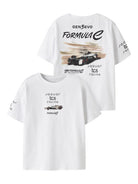 Front and back views of the Bright White NAME IT Alp Formula E racing T-shirt