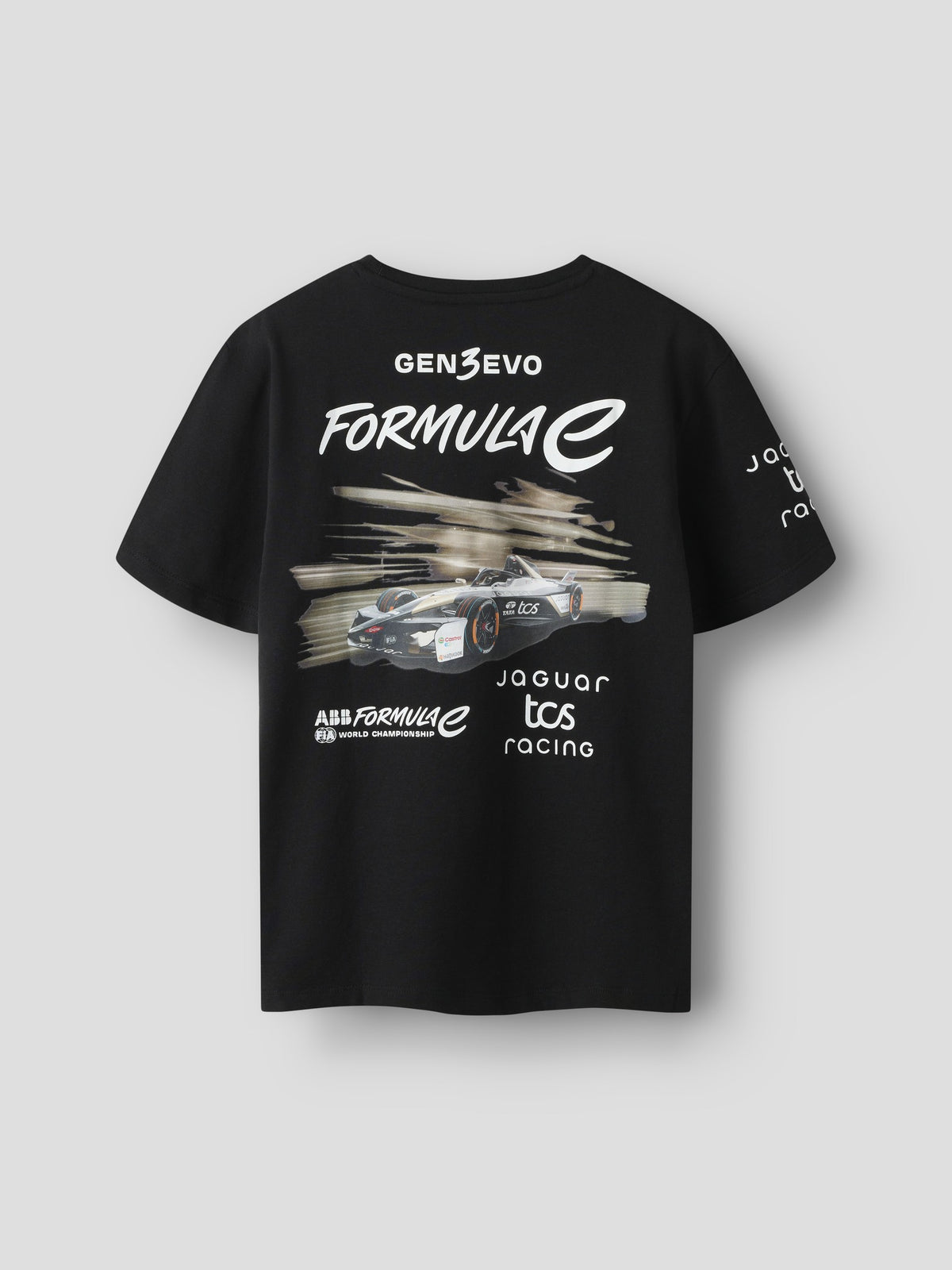 Back view of the black NAME IT Alp Formula E racing T-shirt with Formula E racing car print