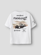 Back view of the Bright White NAME IT Alp Formula E racing T-shirt with Formula E racing car print
