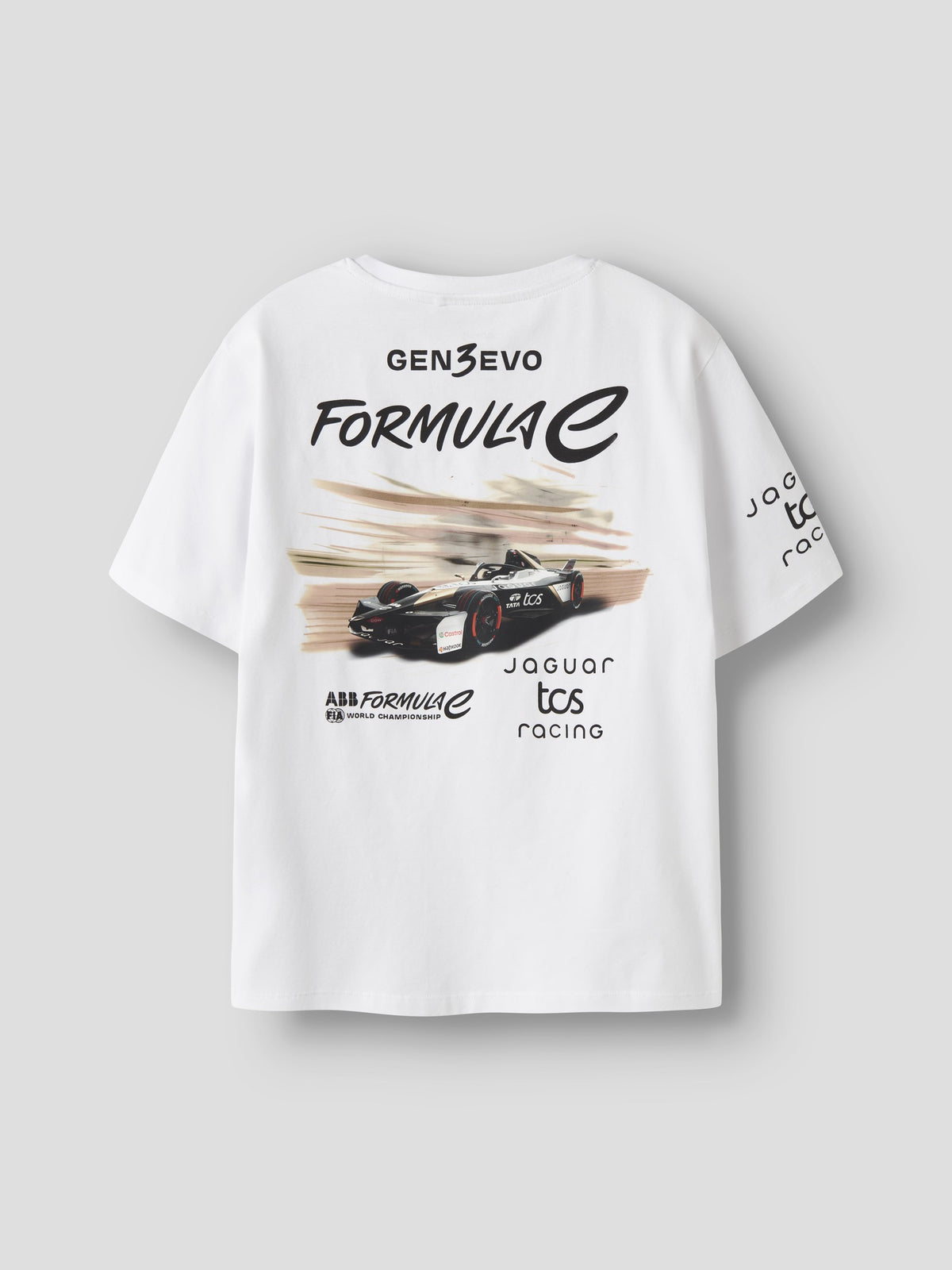 Back view of the Bright White NAME IT Alp Formula E racing T-shirt with Formula E racing car print