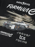 Close-up of the Formula E racing car and Jaguar TCS Racing back print on the black NAME IT Alp Formula E racing T-shirt