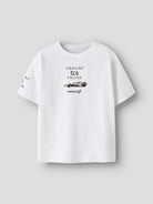 Front view of the Bright White NAME IT Alp Formula E racing T-shirt with Jaguar TCS Racing chest print