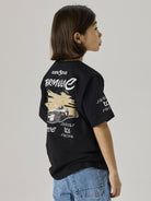 Back view of a model wearing the black NAME IT Alp Formula E racing T-shirt with Formula E racing graphic