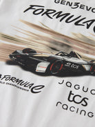 Close-up of the Formula E racing car and Jaguar TCS Racing back print on the Bright White NAME IT Alp Formula E racing T-shirt
