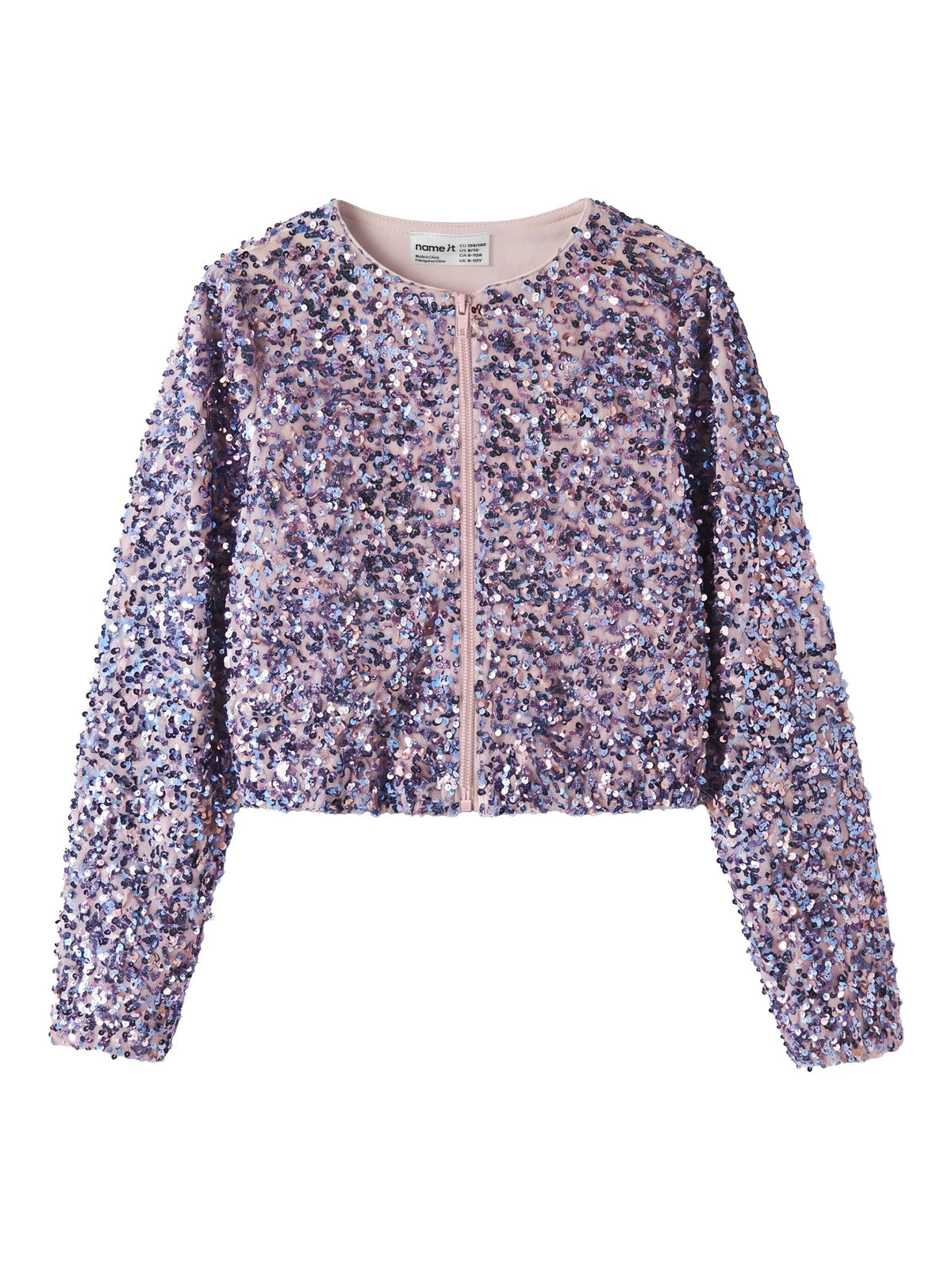 Front view of NAME IT Runica girls' sequin bomber jacket in Sweet Dreams pink